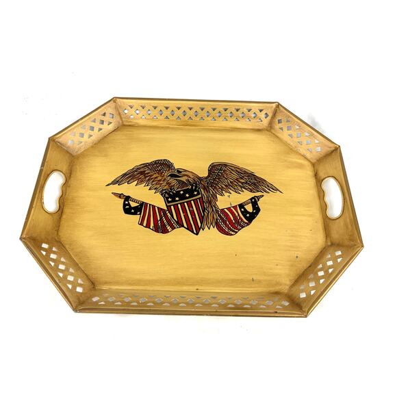 Vintage Patriotic Tray with Handles American Flag Eagle Metal Serving Decor Tray - Picture 1 of 8